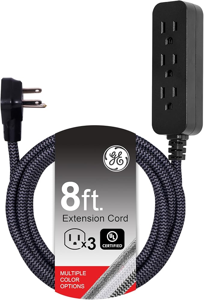 GE 3-Outlet Braided Power Strip Extension Cord with Multiple Outlets 8 Ft (Pack of 12)