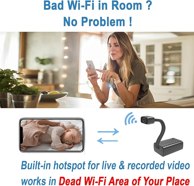 2K Mini Goose-Neck Security Camera Wireless with Magnetic Mount, Built-in Hotspot & Battery, Color Night Vision, Motion Detection, Cloud Storage, Phone & PC Monitoring for Home Security (W-G2)