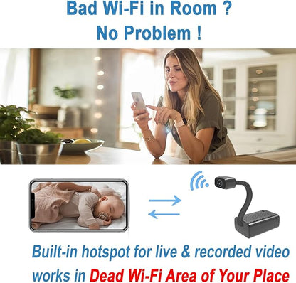 2K Mini Goose-Neck Security Camera Wireless with Magnetic Mount, Built-in Hotspot & Battery, Color Night Vision, Motion Detection, Cloud Storage, Phone & PC Monitoring for Home Security (W-G2)