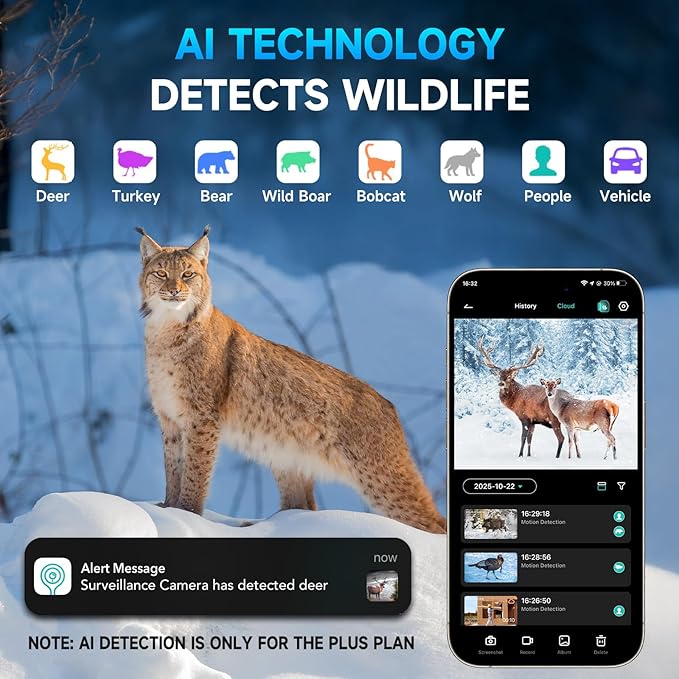 4G Cellular Trail Camera w/Live Feed, AI Detection for Deer, 33MP Photo 2K HD Video, Solar-Powered Live Streaming Game Camera No-Glow IR Flash, 120° FOV, IP65 Waterproof, 32GB SD Card Included