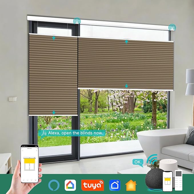 Motorized Top Down Bottom Up Cellular Shades with Remote, Custom Cordless Smart Honeycomb Blinds, Automatic Electric Light Filtering Window Blinds Work with Alexa Google for Home Office, Brown