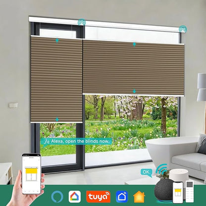 Motorized Top Down Bottom Up Cellular Shades with Remote, Custom Cordless Smart Honeycomb Blinds, Automatic Electric Light Filtering Window Blinds Work with Alexa Google for Home Office, Brown