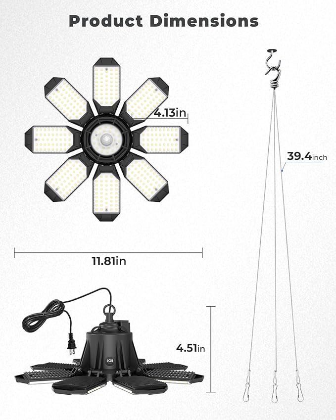 Motion Sensor Garage Light Plug in - 25000LM Motion Sensor Shop Light with 8+1 LED Panels, 6500K Bay Lighting, for Garage, Workshop, Utility Room, Basement (1 Pack)
