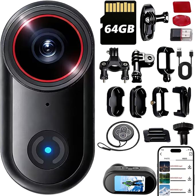 4k Sports Action Camera, Mini Body Camera with Audio and Video Recording, Wearable Action Body Cam, Thumb Size Pov Camera Magnetic Back Clip, Camcorder for Cycling,Travel,Pet,Vlogging (64 GB)