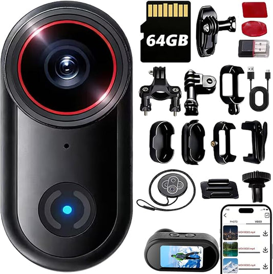 4k Sports Action Camera, Mini Body Camera with Audio and Video Recording, Wearable Action Body Cam, Thumb Size Pov Camera Magnetic Back Clip, Camcorder for Cycling,Travel,Pet,Vlogging (64 GB)