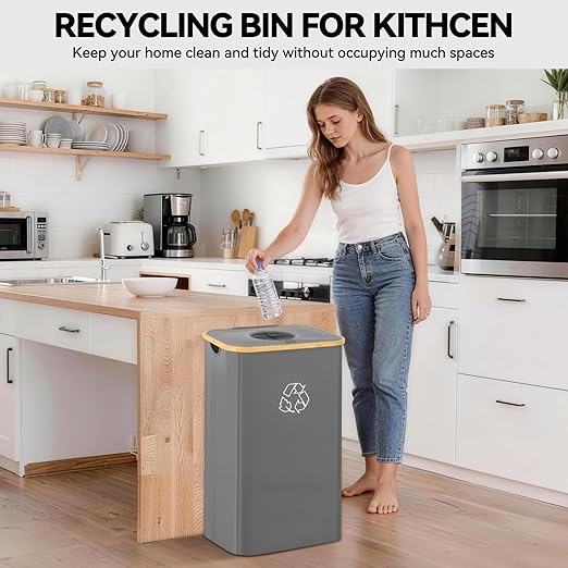 Recycling Bin for Kitchen, 26 Gallon 100L Indoor Home Recycle Bin with Lid and 2 Removeable Reusable Inner Bags, for Bottles, Cans, Glass, Plastic & Stickers, Grey
