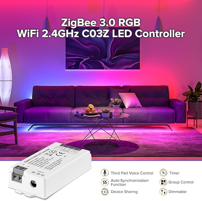 BTF-LIGHTING Tuya Zigbee 3.0 C03Z LED Controller Support RGB 4 pin (+V R G B) PWM FCOB COB SMD Light Strip Compatible with Echo Plus/4th Gen Philip Gateway DC5V/DC12V/DC24V Max 15A