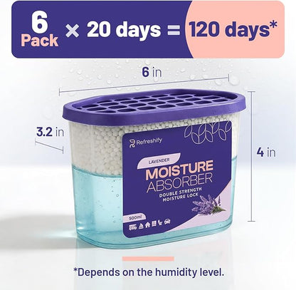 Premium Moisture Absorbers and Dehumidifier Tubs – High-Efficiency Closet Dehumidifier and Dehumidifier for Car, Odor Control Lavender, 6 Pack, 7.5 Oz