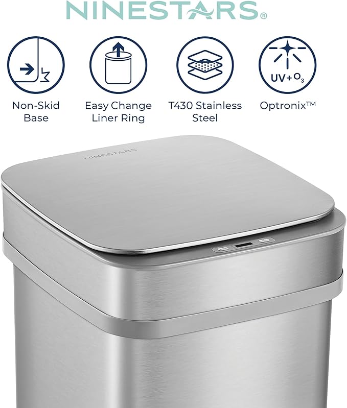 Ninestars 13 Gallon Odor Neutralizing Smart Trash Can, UV + Ozone Dual Purification, Odor Control Motion Sensor Garbage Bin, Universal Power Adapter, ONT-50-82SL Stainless Steel, Silver, Nova Series