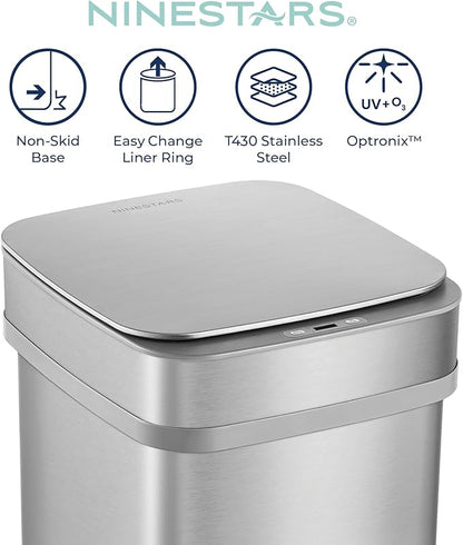 Ninestars 13 Gallon Odor Neutralizing Smart Trash Can, UV + Ozone Dual Purification, Odor Control Motion Sensor Garbage Bin, Universal Power Adapter, ONT-50-82SL Stainless Steel, Silver, Nova Series