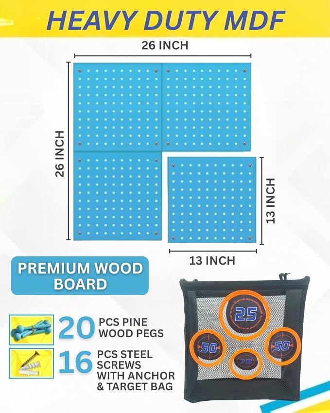 Wooden Peg Board for Nerf Gun Storage Organizer 13 x 13 x 0.31 In - Blue | 4 MDF Panels, 20 Wooden Pegs, Compatible with All Blasters Nerf Gun Rack Organizer for Wall Organization