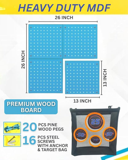Wooden Peg Board for Nerf Gun Storage Organizer 13 x 13 x 0.31 In - Blue | 4 MDF Panels, 20 Wooden Pegs, Compatible with All Blasters Nerf Gun Rack Organizer for Wall Organization