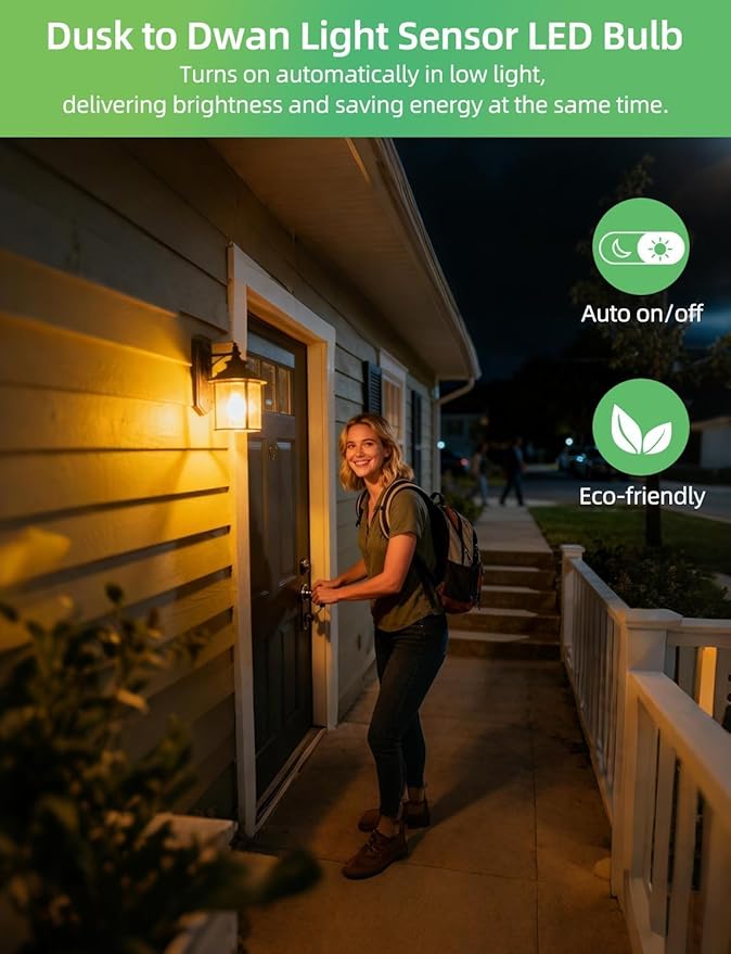 HEKEE Dusk to Dawn Sensor Light Bulbs LED A19 900 Lumens, Outdoor Porch Lights, 60 Watt Equivalent, Warm White 2700K Soft White Security Bulb(Auto on/Off), E26 Screw Base(4 Pack)