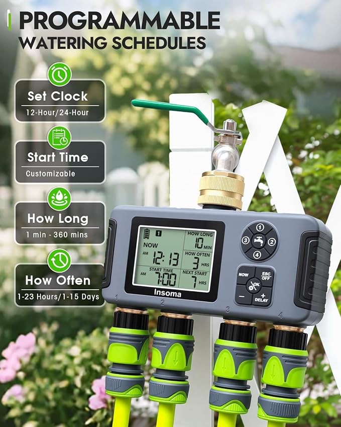 Insoma 4-Zone Water Timer for Garden Hose, Brass Inlet & Outlet | 4 Independent Zones, Programmable Schedules, Rain Delay/Manual Mode, IPX5 Waterproof, Large Display, for Garden, Lawn