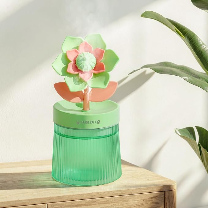 Flower Mini Humidifier, Cute Small Humidifiers, USB Portable Personal Cool Mist Desktop Humidifiers, Cooling for Home Office Car Summer Travel (260ml, Green Gardenia)