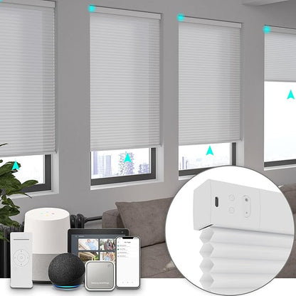 Changshade Smart Motorized Cellular Shades Remote Control for Indoor Windows Doors, Custom Size Electric Automatic Light Filtering Honeycomb Blinds Work with Alexa, Google Home, Smarthings, White