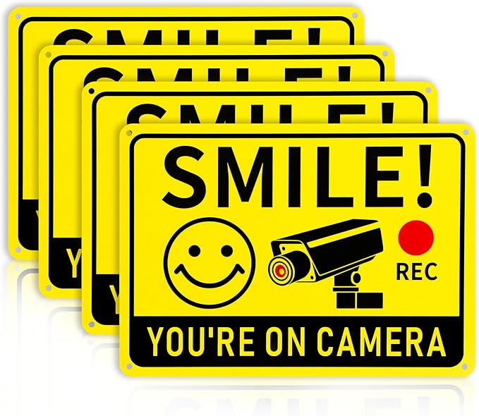 4 Pack Smile You're on Camera Signs – Video Surveillance Signs Outdoor, 10"x7" Rust-Free Aluminum Warning Sign, UV Printed, Weatherproof Security Camera Sign for Home, Business, Fence, Driveway, CCTV