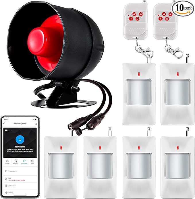 WiFi Alarm System for Home Security, 120dB Wireless Alarm Security System with Free Notification APP Control and Motion Sensor Siren, Remote Control for Shed Garage