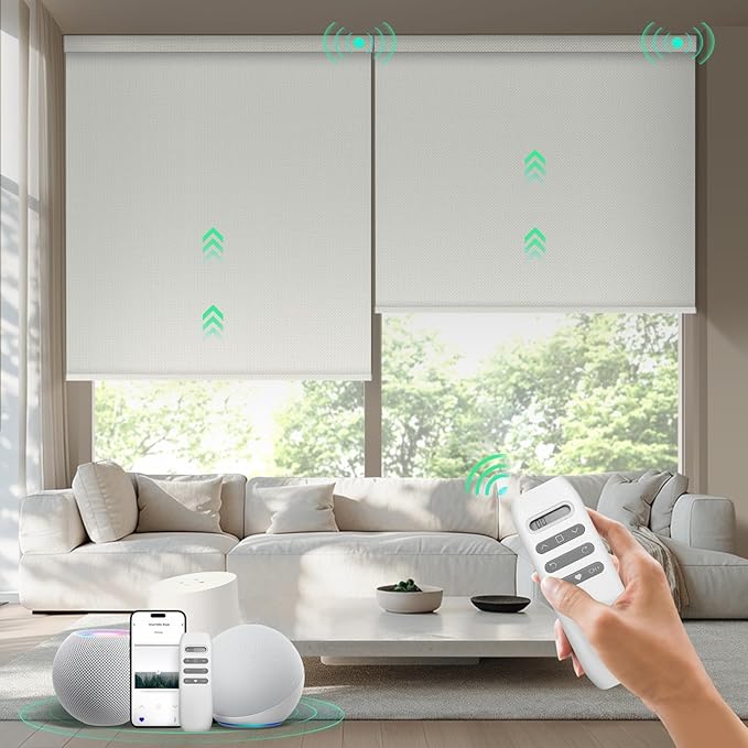 HeyBlinds Motorized Blinds with Remote, 100% Blackout Smart Blinds, Automatic Shades for Windows Compatible with Alexa Google and Homekit, Custom Size(Manner-Chalk White BO)