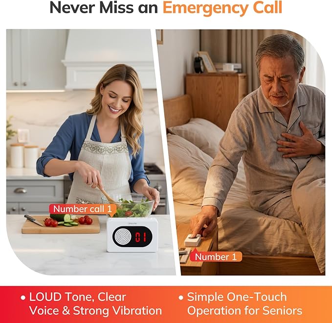 Umimile Caregiver Pager Wireless Call Button for Home, Nurse Alert with LED Display & Voice, 6 Buttons, 150m/500ft Range, 26 Ringtones, for Elderly Patient, Senior Care, Clinic & Nursing Home, White