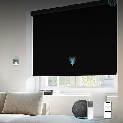 Motorized Blinds Compatible with Alexa Google 100% Blackout Smart Blind Automatic Window Roller Shades Remote Control Custom Size Farbic Black
