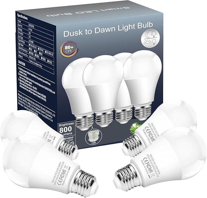 Dusk to Dawn Light Bulbs, Built-in Photocell Light Sensor, Automatic On/Off, E26 Base 9W 60W Equivalent, AC120V 3000K Warm White, Indoor/Outdoor Sensor LED Bulb for Yard Entrance Porch 4Pack