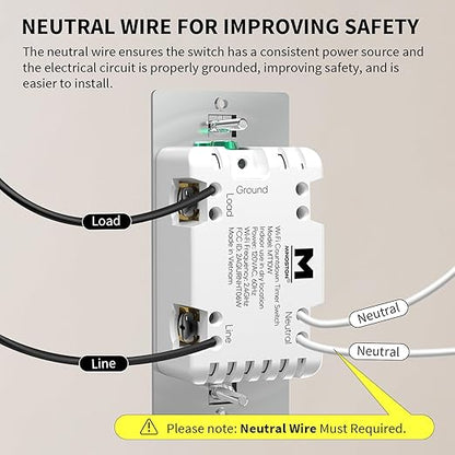 Minoston Countdown Timer Switch, WiFi Timer Switch for Bathroom Fans and Lights, 10-20-30-60 min/2-4 Hour, Neutral Wire Needed, 15A, 1/2HP/120VAC, ETL Listed, White (MT10W)