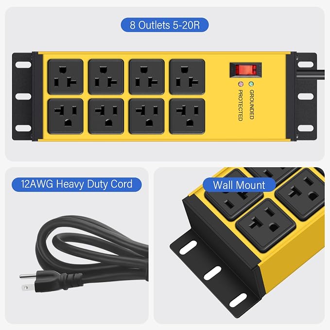 CCCEI 2PCS 12 Gauge Heavy Duty Power Strip, 8 Ports. Yellow, 4FT.