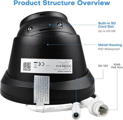 5MP IP PoE Camera, Outdoor Turret Camera with Mic/Audio, Hikconnect/SADP/iVMS4200, Smart Color Night Vision, Low Light Starlight, Human Vehicle Detection, 114° FOV, Metal IP67, 512GB SD Slot