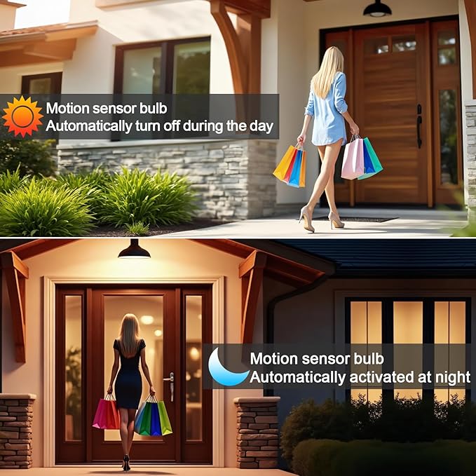 McDen Motion Sensor Light Bulb, A21 15W Equivalent 100W 3000K Warm White, Indoor Motion Activation Detector Light Bulb, E26 Base Dusk to Dawn Security Night Light. 4 Packs