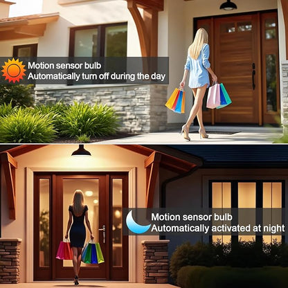 McDen Motion Sensor Light Bulb, A21 15W Equivalent 100W 3000K Warm White, Indoor Motion Activation Detector Light Bulb, E26 Base Dusk to Dawn Security Night Light. 4 Packs
