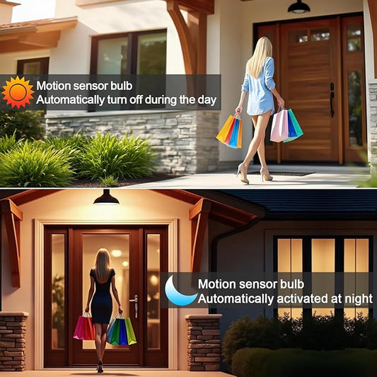 McDen Motion Sensor Light Bulb, A21 15W Equivalent 100W 3000K Warm White, Indoor Motion Activation Detector Light Bulb, E26 Base Dusk to Dawn Security Night Light. 4 Packs