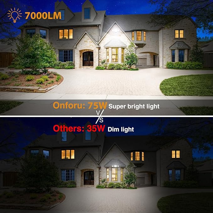 Onforu 4 Packs 75W Flood Lights Outdoor, 7000LM Brightness Security Lights, 3 Adjustable Heads, IP65 Waterproof, 6500K Wall Mount Exterior LED Flood Light (White)