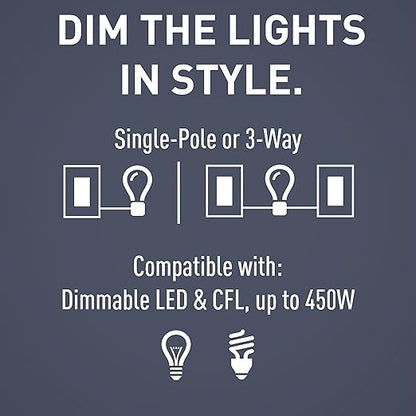 Legrand Pass & Seymour 450W Deco Rotary Preset LED Dimmer Light Switch, For Home Lighting & Ambient Mood Control, Dimmable LED & CFL Bulbs, 3-Way, DRCL453PWV, White, 1 Count