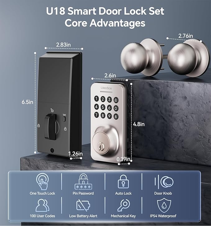 Ulecoce Keyless Entry Keypad Deadbolt with Handle Set, Smart Lock, Auto-Lock + One-Touch Lock, 100 Codes + Easy Install, Ideal for Airbnb/Homes/Offices, Fits U.S. Standard Front Doors, Satin Nickel