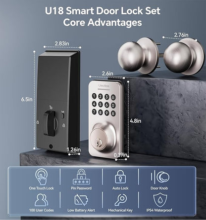 Ulecoce Keyless Entry Keypad Deadbolt with Handle Set, Smart Lock, Auto-Lock + One-Touch Lock, 100 Codes + Easy Install, Ideal for Airbnb/Homes/Offices, Fits U.S. Standard Front Doors, Satin Nickel