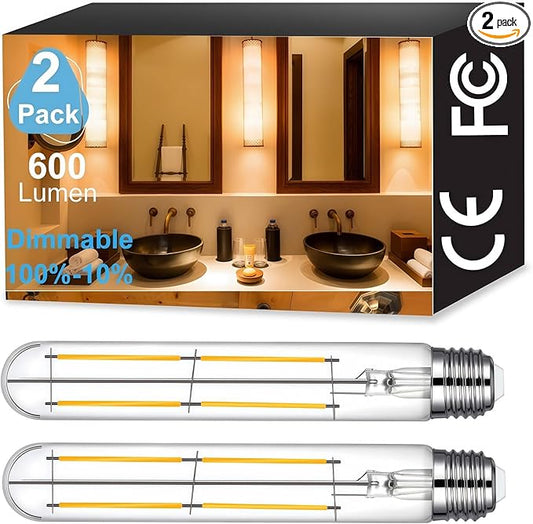 Vinaco 7.3 Inch E26 T10 Tube Bulb Dimmable, 2 Pack T10 Tubular Bulb LED 6W Equal. 60W Warm White 2700k, Clear Glass T10/T30 LED Edison Bulb for Sconce, Floor Lamp, Tall Island Pendant Lamp