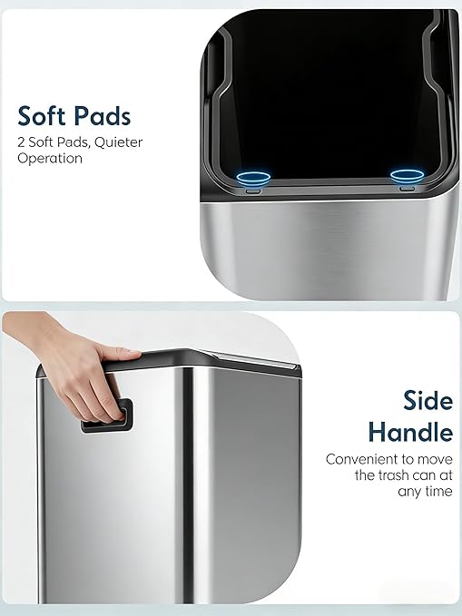 Arlopu 16Gal Dual Trash Can w/2 Built-in Box for Odor Control, Hands-Free Kitchen Garbage Bin, Recycle Waste Dustbin, Soft-Close Lid, 2 Buckets,Foot Pedal, Side Handle, Airtight,for Home (Silver)
