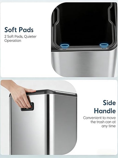Arlopu 16Gal Dual Trash Can w/2 Built-in Box for Odor Control, Hands-Free Kitchen Garbage Bin, Recycle Waste Dustbin, Soft-Close Lid, 2 Buckets,Foot Pedal, Side Handle, Airtight,for Home (Silver)