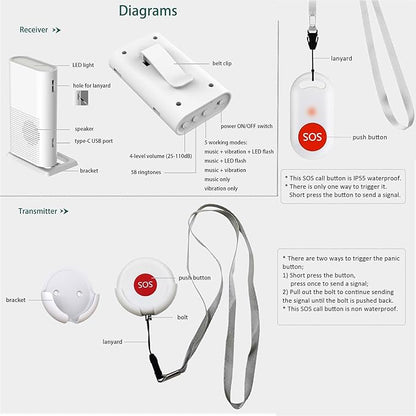 Wireless Caregiver Call Button, Rechargeable Caregiver Pager for Elderly, Call Bell for Elderly at Home,Medical Life Alert Systems for Seniors with Portable Receiver / Emergency Button with Pull Rope