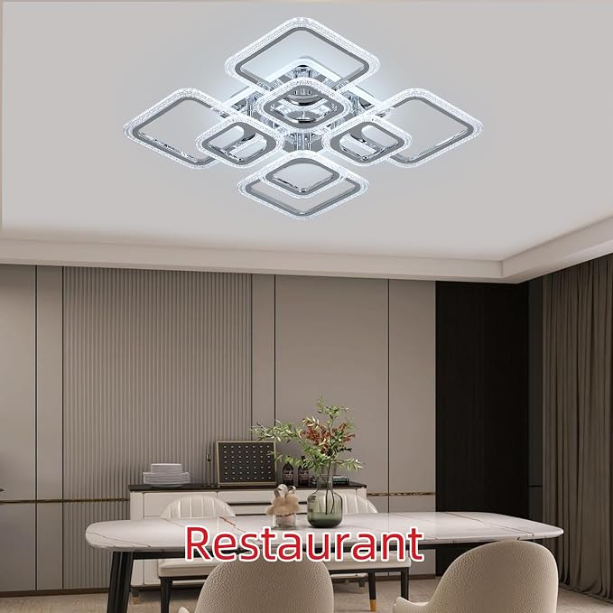 Modern Bedroom & Kitchen Ceiling Light, 80W Dimmable LED, 8 Squares, 3000-6000K, Chrome