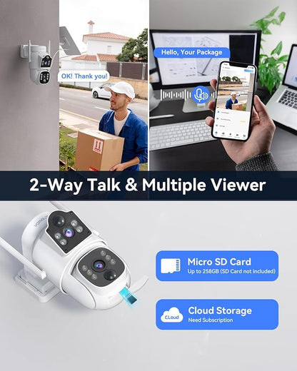 Dual Lens Solar Security Cameras Wireless Outdoor, 4MP 360° Pan/Tilt WiFi Camera with Auto Tracking, Color Night Vision, PIR Alarm, Two-Way Audio, Easy Install for Home Security