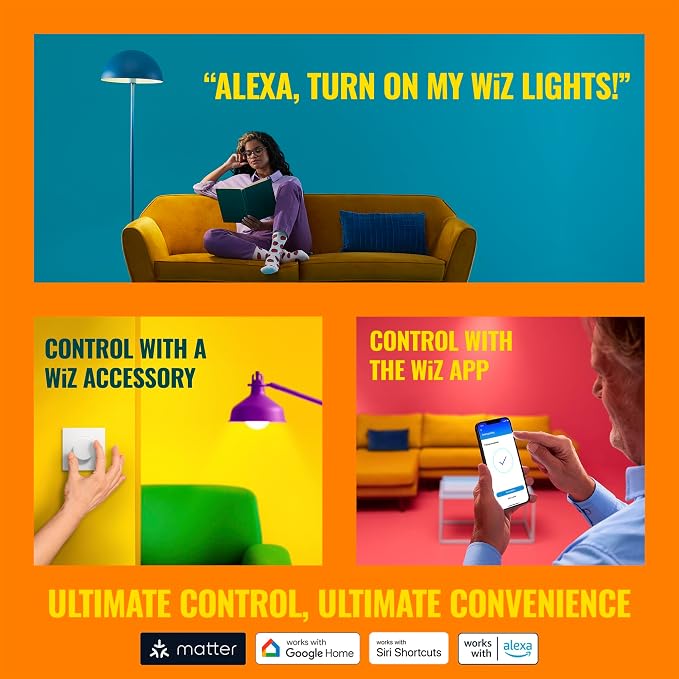 WiZ Connected LED Smart Light Bulbs, Sunset to Sunrise Automation + Motion Detection + Control with Voice or App, Full Color A19 60W 800LM E26 Indoor, Matter Compatible - 6 Pack