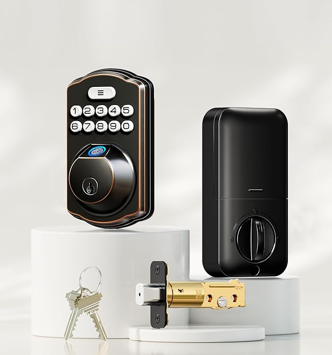 Veise KS02A Fingerprint Keyless Entry Door Lock, Auto Lock, Electronic Keypad Deadbolt for Front Door, Biometric, Anti-Peeping Password, Easy Install, Oil Rubbed Bronze