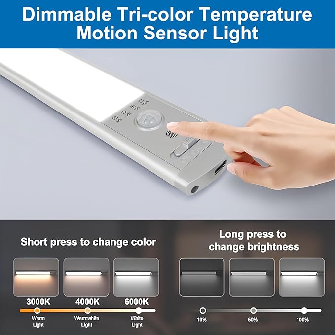 Under Cabinet Lighting, 6Pack Motion Sensor Light Indoor with 3 Color Temps, Rechargeable Under Counter Lights for Kitchen,Dimmable Closet Lights Battery Operated, 76 LED Motion Sensor Light Indoor