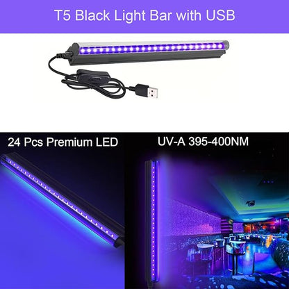 10W 1ft Blacklight Bar T5, 2 Pack UV LED Blacklight, 395-400nm Black Light Tube with USB+Switch+59in Cord, Black Lights for Glow Party, Bedroom, Body Paint, Fluorescent Poster, Birthday