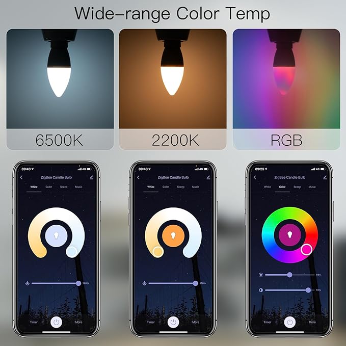 Smart Light Bulbs, LED Light Bulb E14 Candle Lamp Smart 5W RGBCCT 2200-6500K Dimmable Light Tuya Alexa Google Voice Control