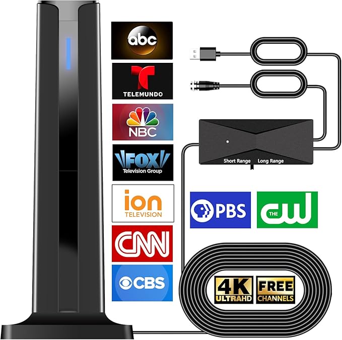 Digital Antenna for Smart TV Indoor, 2026 HD Antennas with 3M-Stick Base, 360°&Long Range Reception 4k 1080p for Local Channels, Easy Setup Antenna for TV Without Cable (Black)
