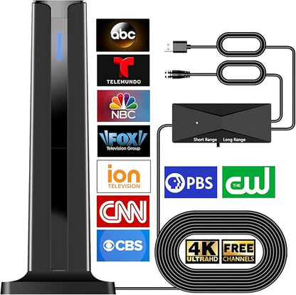 Digital Antenna for Smart TV Indoor, 2026 HD Antennas with 3M-Stick Base, 360°&Long Range Reception 4k 1080p for Local Channels, Easy Setup Antenna for TV Without Cable (Black)