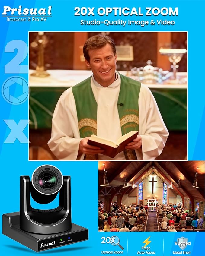 Prisual NDI PTZ Camera Gen 5, AI Auto Tracking, 20X Optical Zoom, 3G-SDI USB LAN PoE HDMI PTZ Camera for Church Worship Education Events (NDI 6 & NDI HX3 Certified) TEM-20N PRO